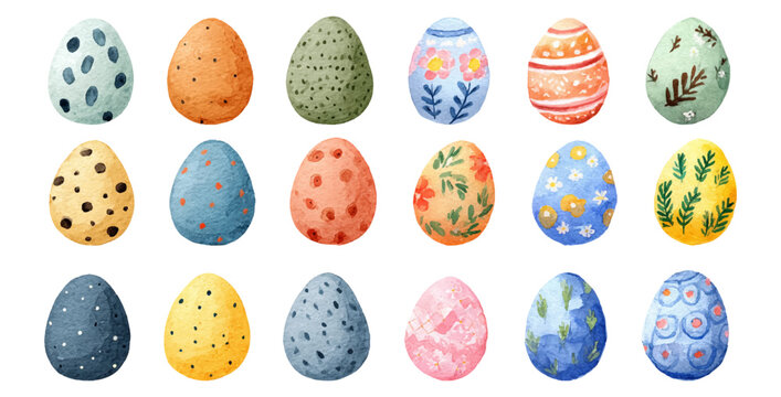 Watercolor Easter eggs with spring flowers and pastel decorations create charming cartoon designs perfect for greeting cards, posters, and festive Easter banners.
