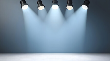 Bright stage lights illuminate minimalist backdrop, creating dramatic atmosphere
