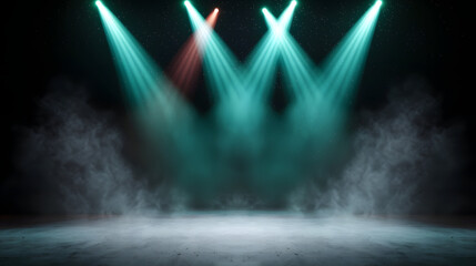Bright stage lights illuminate foggy scene, creating dramatic atmosphere for performances
