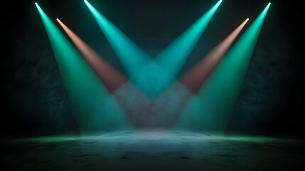 Colorful stage lights illuminate dark space, creating vibrant atmosphere for performances
