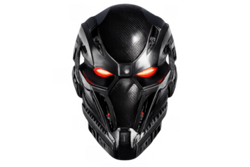 Dark futuristic cybernetic helmet with glowing red eyes. Robotic headgear representing artificial intelligence and advanced technology