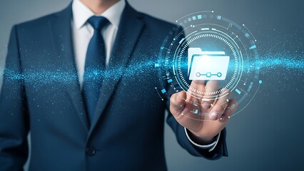 Businessman touching virtual folder with blue digital suit hand, technology and data security concept