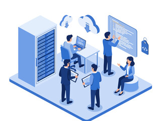 Isometric vector illustration of a tech team managing cloud servers and coding, showing professionals collaborating on software development and data maintenance in a modern blue workspace