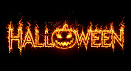 Fiery Halloween text formed by flames, featuring a jack-o'-lantern and bats, ideal for spooky season banners or Halloween-themed designs