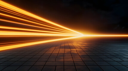 Vibrant orange light beams create dynamic scene, illuminating reflective surface
