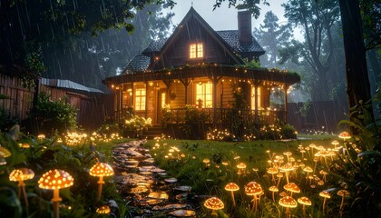 Enchanted cottage scene with glowing mushrooms and soft lighting