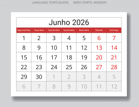 Portuguese June 2026 month calendar planner - Junho. Monthly page illustration for Portugal