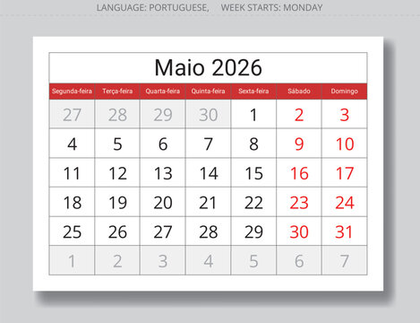 Portuguese May 2026 month calendar planner - Maio. Monthly page illustration for Portugal