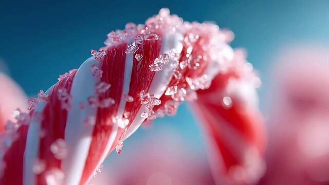Extreme macro of a red and white candy cane covered in sparkling sugar crystals, creating a festive holiday background with shallow depth of field