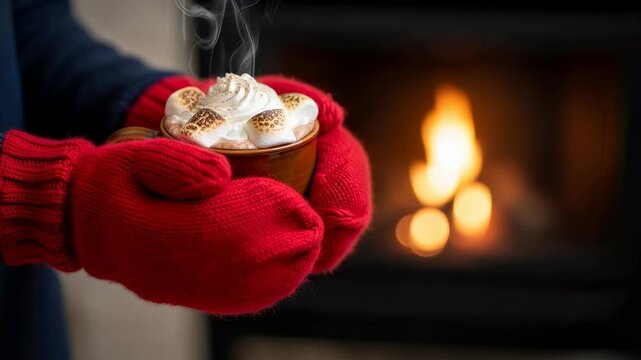 Woman in red mittens holding steaming hot cocoa with marshmallows by a warm fireplace for cozy winter holidays