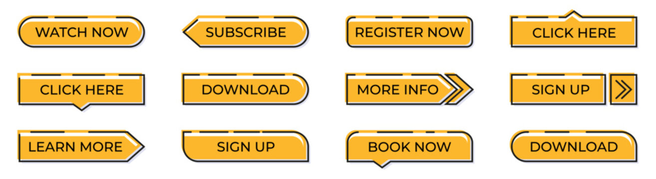 Call to action buttons icon collection in orange. Set of watch now, subscribe, register, click here, download, more info, sign up, learn more, book now buttons