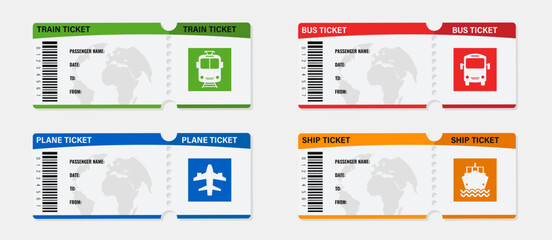 Transport ticket templates collection in color. Set of train bus plane ship tickets with barcode and travel information © stas111