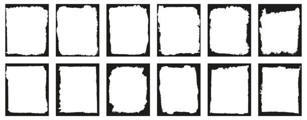 Rough paint brush frames collection in black and white. Set of grunge borders textured squares and artistic backgrounds