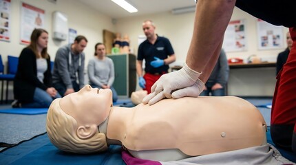 Person performing cpr on resuscitation manikin. First aid training with dummy. Cardiopulmonary resuscitation course for emergency preparedness.