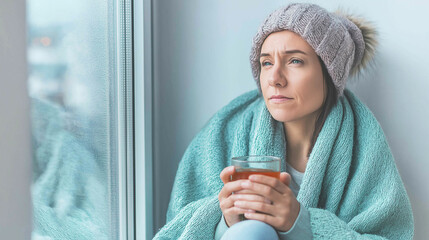 Young woman feeling ill, recovering from flu and common cold, sitting by window, drinking comforting hot tea