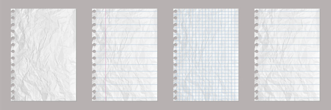 Crumpled notebook paper sheets illustration collection. Set of lined grid and blank torn pages with realistic texture