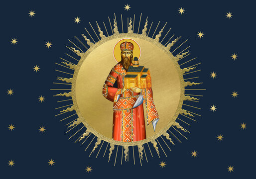 Saint Stefan Urosh I in golden sun on night starry sky background. Illustration in Byzantine style

