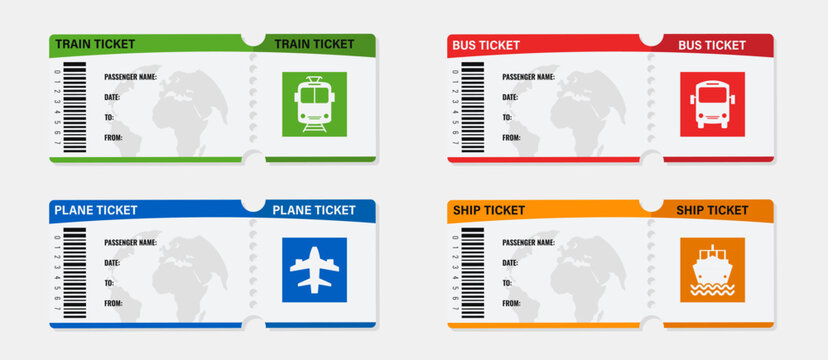 Transport ticket templates collection in color. Set of train bus plane ship tickets with barcode and travel information