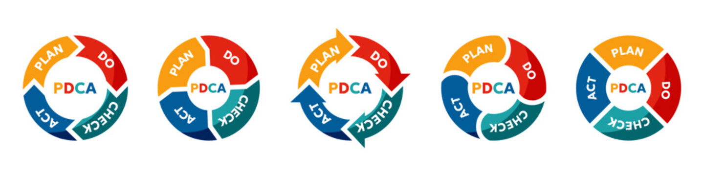PDCA cycle diagram collection illustration. Plan do check act process charts in circular format