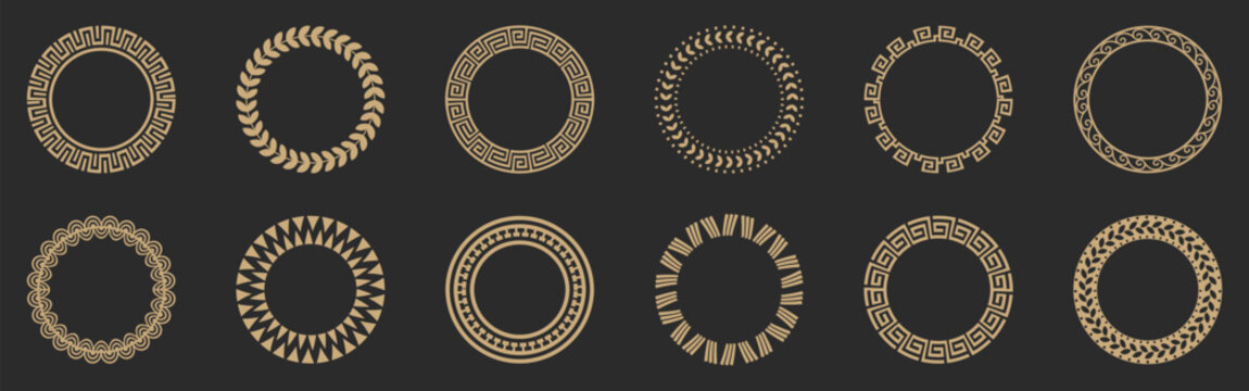 Ornamental round frames collection in gold on dark background. Set of elegant circular borders with classic patterns