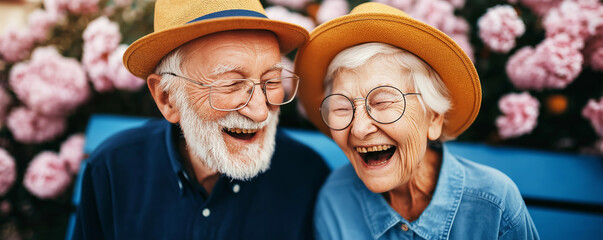 Elderly couple laughing together on park bench, enjoying life, sharing happiness and a joyful moment