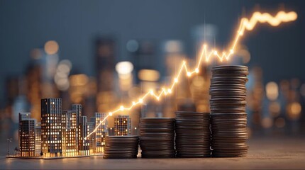A glowing upward trending graph superimposed over stacks of coins and a cityscape at dusk. - Powered by Adobe