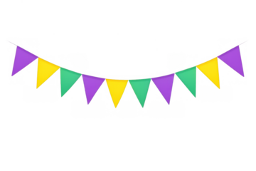 Mardi gras party bunting banner with purple, green, and yellow flags flying for festive celebration decoration on transparent background
