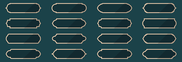 Decorative label frames collection in beige on dark background. Set of vintage empty plaques and ornamental nameplate shapes
