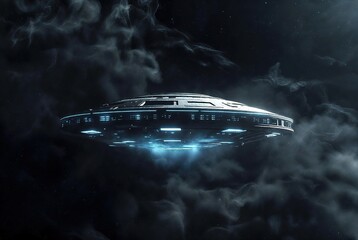 Obraz premium Futuristic disc-shaped craft with glowing blue lights in dark nebula.