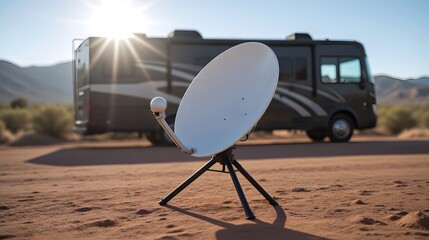 Portable satellite dish for remote communication in desert landscape