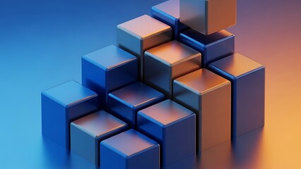 Obraz premium Blue and orange metallic cubes stacked in pyramid shape on gradient background