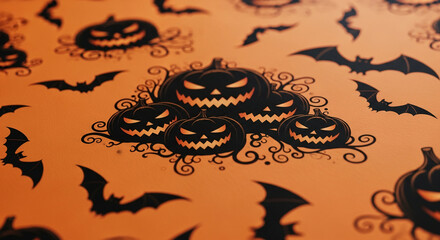 Orange background with black jack-o'-lanterns and bats, creating a Halloween design ideal for autumnal celebrations and spooky themed projects