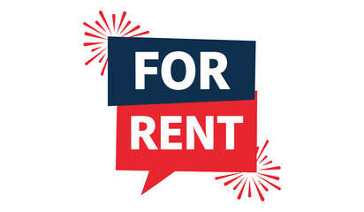 For rent sign with red and blue speech bubbles and burst graphics