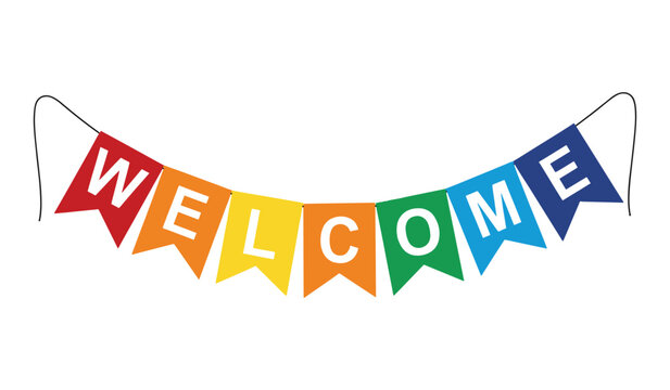 Colorful welcome banner with multicolored flags on a string