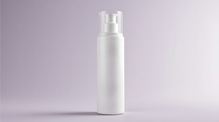 Elegant white cosmetic bottle with clear pump on purple background