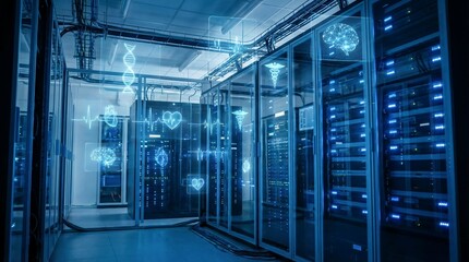 Server room with medical data visualization. Digital healthcare technology and information for advanced medical research and diagnosis.
