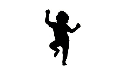 Silhouette of a joyful child dancing with arms raised against a white background