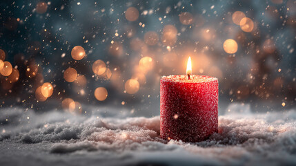 A Glowing Red Candle in a Snowy, Magical Winter Scene
