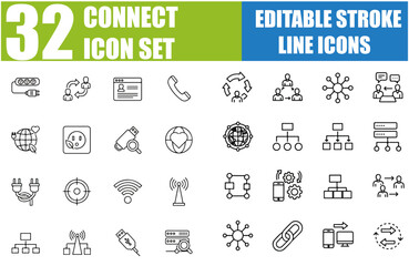 Fototapeta premium Connect Icon Set - Network, Join, Collaboration, Connectivity, Interaction, Cable, Integration, Connection, Link, Together, Communication, Partnership and More - Editable Line Icons, Vector Illustrati