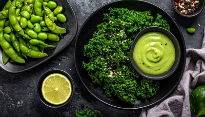 Fresh kale salad with avocado dressing edamame and lemon on a black plate
