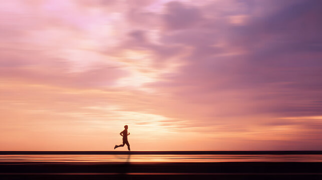 marathon. Silhouette of a runner on a deserted road under a vibrant sunset sky. inspiring travel planning, event key visuals, designed for fitness apps and gym onboarding, used by sports marketers.
