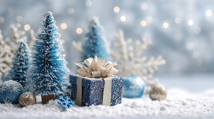 Sparkling Christmas Present Surrounded by Snowy Trees and Ornaments