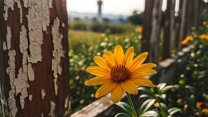 Vibrant orange flower blooms beside a rustic wooden fence in a lush garden