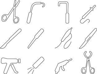 medical instrument silhouettes including syringe scissors and forceps vector set, Dental Surgery: Forceps, Tooth Key, Drill, Syringe, Bandage, Needle, Healthcare tools and equipment Hook elements,
