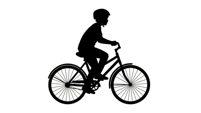 Silhouette of a person riding a bicycle with a helmet, isolated on white background