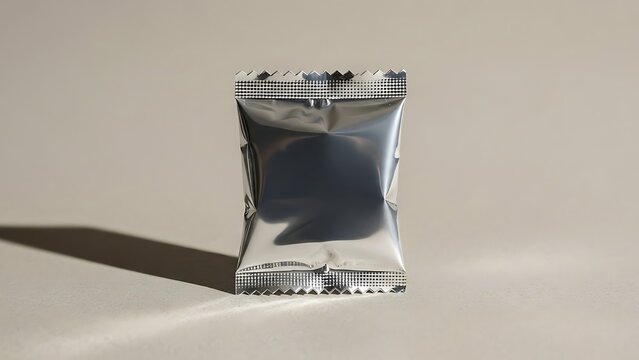 Crumpled silver foil snack wrapper on beige background, empty packaging