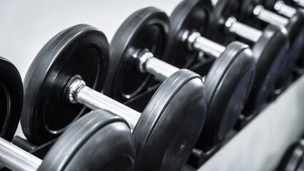 Weight training equipment in a gym with dumbbells arranged on a rack