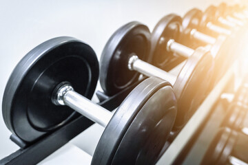 Weights lined up in a gym for exercise and strength training routines