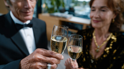 Two elegantly dressed individuals clink their champagne glasses together, celebrating a sophisticated occasion with an air of luxury and timelessness in a stylish environment.
