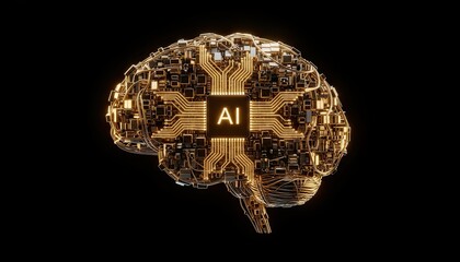 Golden Brain AI: A glowing golden brain, integrated with the letters AI, positioned on a stark background. A captivating blend of art and tech